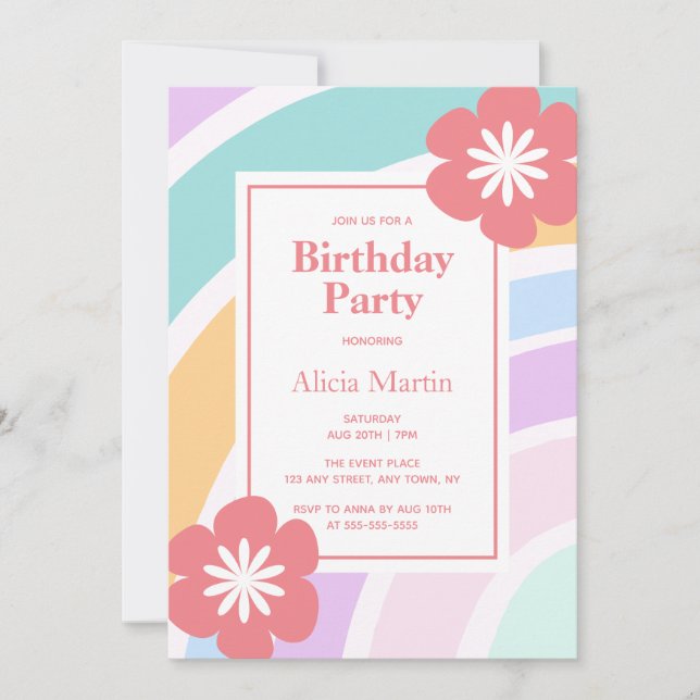 Invitation Fête d'anniversaire simple et moderne Pastel Rainb (Devant)