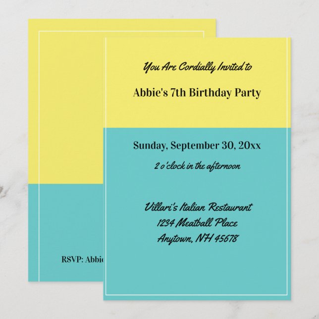 Invitation Fête d'anniversaire simple jaune piscine bleue Res (Devant / Derrière)