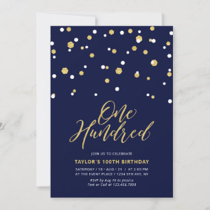 Invitation Fête d'anniversaire simple Navy & Or 100 ans