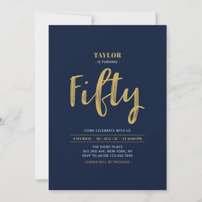Invitation Fête d'anniversaire simple Navy & Or 50 ans (Devant)