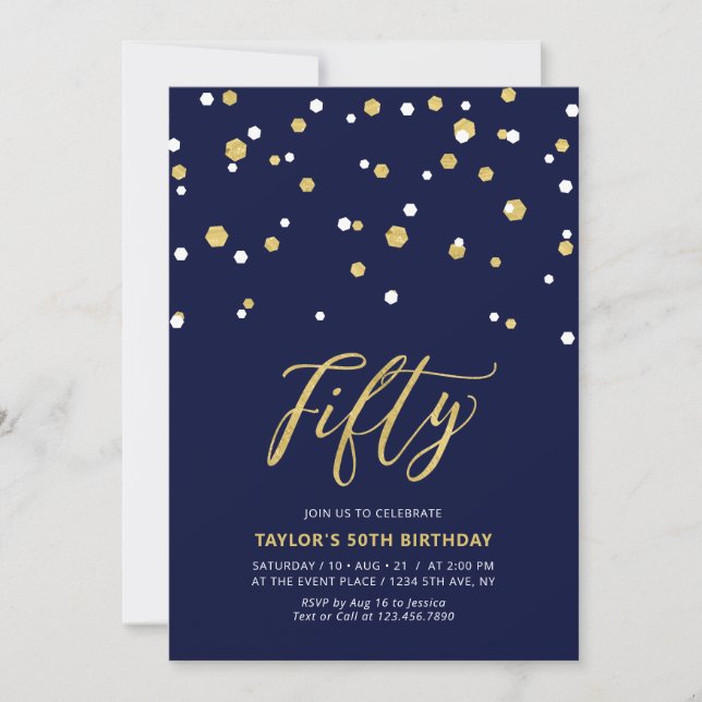 Invitation Fête d'anniversaire simple Navy & Or Fifty 50 ans (Devant)