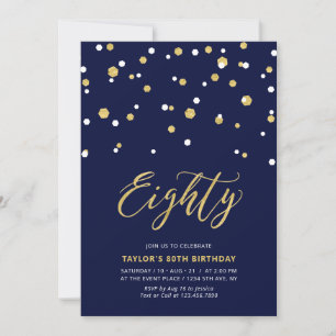 Invitation Fête d'anniversaire simple Navy & Or pour 80 ans