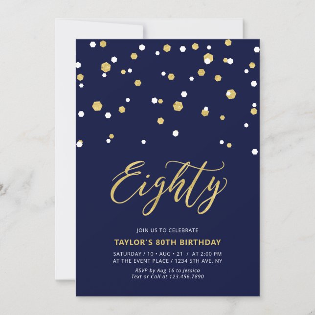 Invitation Fête d'anniversaire simple Navy & Or pour 80 ans (Devant)