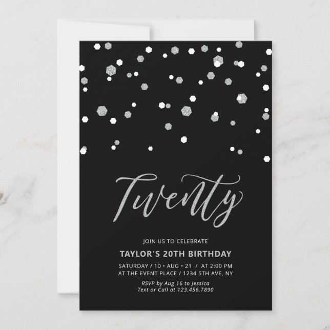 Invitation Fête d'anniversaire simple noir et argent vingt 20 (Devant)