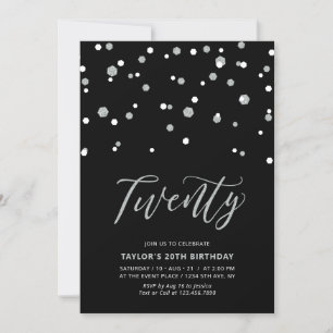 Invitation Fête d'anniversaire simple noir et argent vingt 20