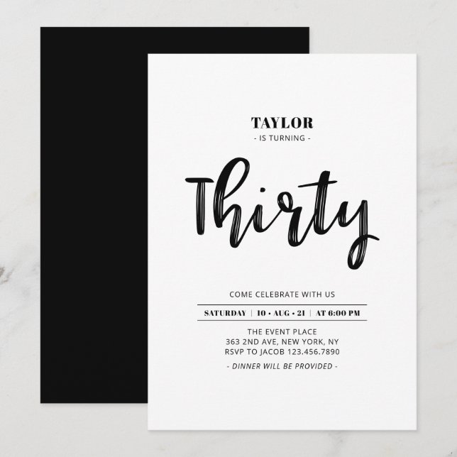 Invitation Fête d'anniversaire simple noir et blanc 30 ans (Devant / Derrière)