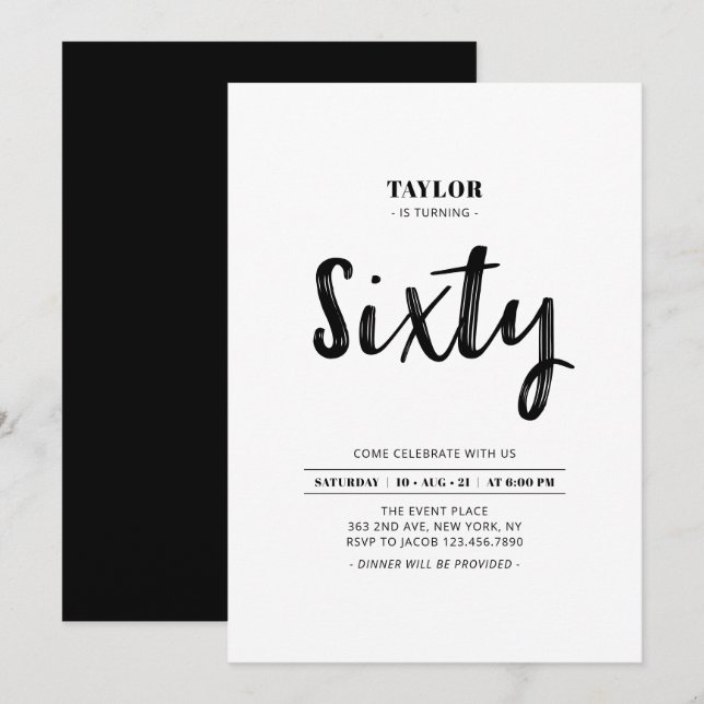 Invitation Fête d'anniversaire simple noir et blanc Soixante  (Devant / Derrière)