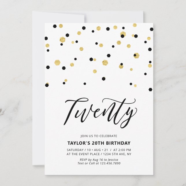 Invitation Fête d'anniversaire simple noir et or 20 ans (Devant)