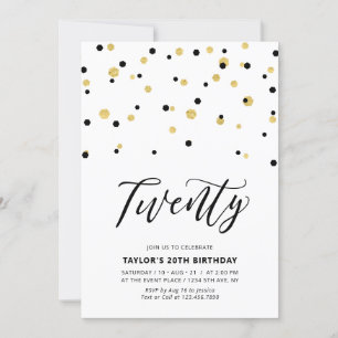Invitation Fête d'anniversaire simple noir et or 20 ans