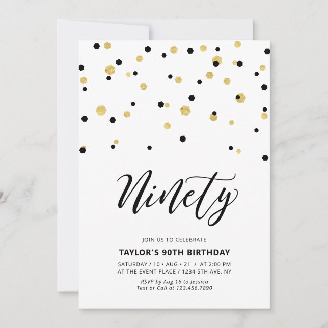 Invitation Fête d'anniversaire simple noir et or 90 ans (Devant)