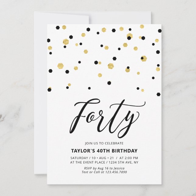 Invitation Fête d'anniversaire simple noir et or pour 40 ans (Devant)
