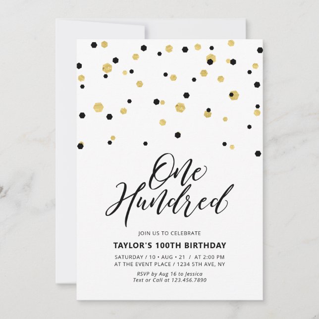 Invitation Fête d'anniversaire simple noir et or pour les 100 (Devant)