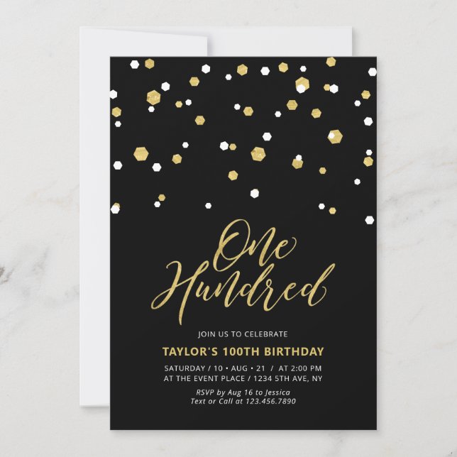 Invitation Fête d'anniversaire simple Noir & Or Centième 100 (Devant)