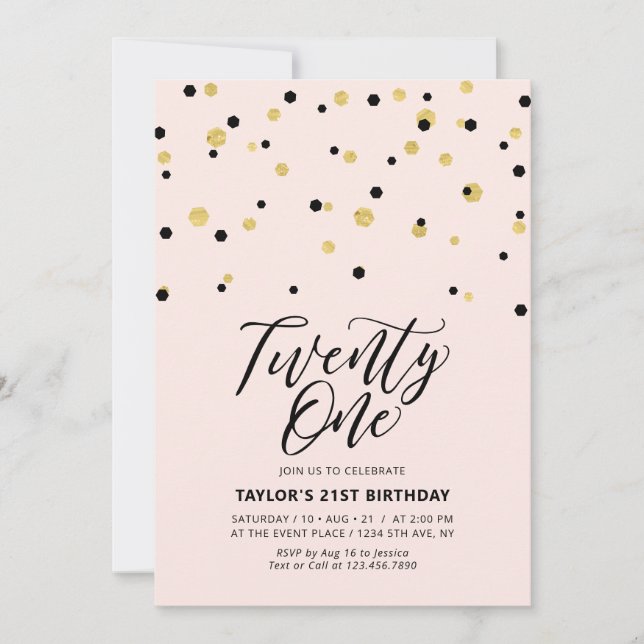 Invitation Fête d'anniversaire simple rose et or pour 21 ans (Devant)