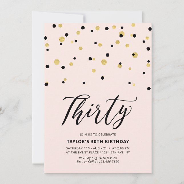 Invitation Fête d'anniversaire simple rose et or pour trente  (Devant)