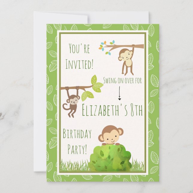 Invitation Fête d'anniversaire singes se balançant dans les a (Devant)