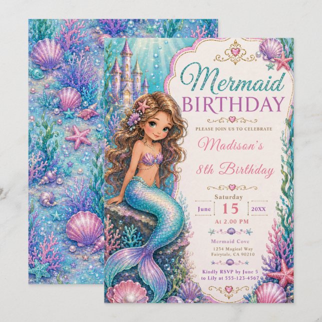 Invitation Fête d'anniversaire sirène (Devant / Derrière)