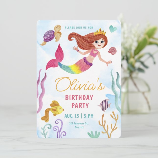 Invitation Fête d'anniversaire Sirène à l'aquarelle sous la m (Debout devant)