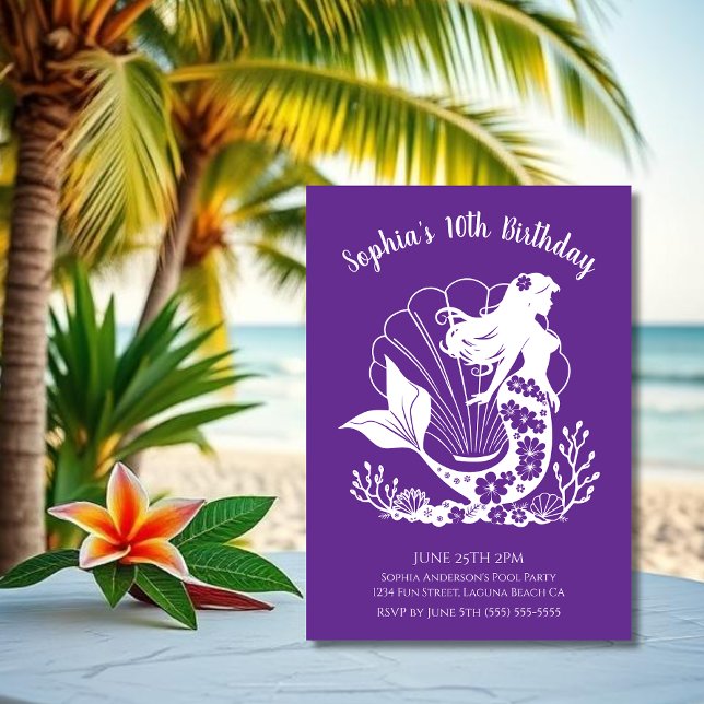 Invitation Fête d'anniversaire - Sirène hawaïenne (Hawaiian Mermaid Tropical Flowers Sea Shells Coral, Summer Beach, Fisherman Style Birthday )