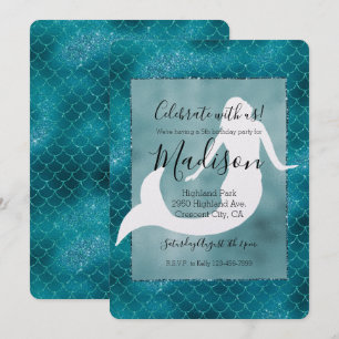 Invitation Fête d'anniversaire sirène paillettes bleu sarcell