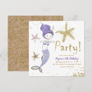 Invitation Fête d'anniversaire Sirène Paillettes Violettes et