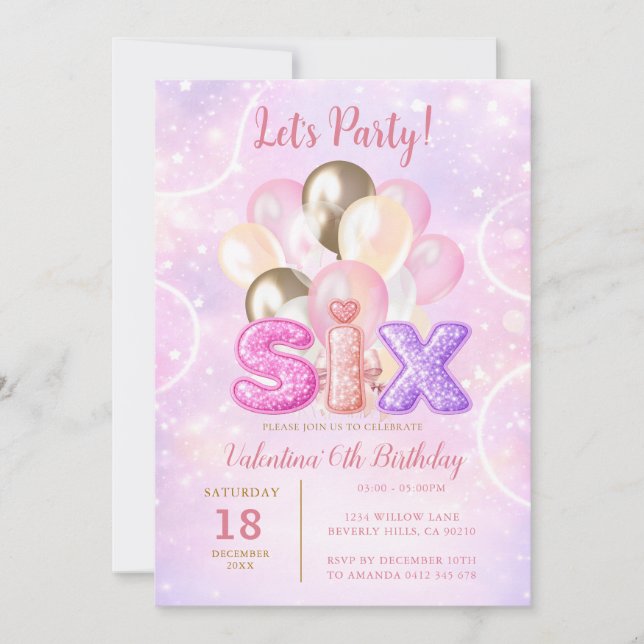 Invitation Fête d'anniversaire Six Ballons Rose Violet Paille (Devant)