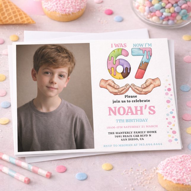 Invitation Fête d'anniversaire "Six Sept" pour enfants - 7 an (Ice Cream “Six Seven” 7th Birthday Party for Kids Invitation)