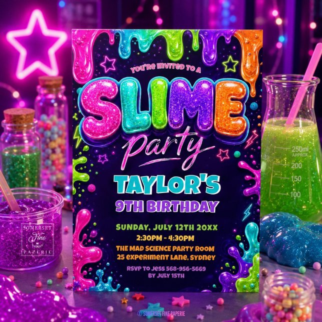 Invitation Fête d'anniversaire Slime Néon Paillettes (Glitter Slime Neon Birthday Party Invitation)