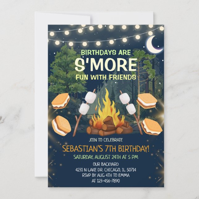 Invitation Fête d'anniversaire S'mores de feu de camp amusant (Devant)