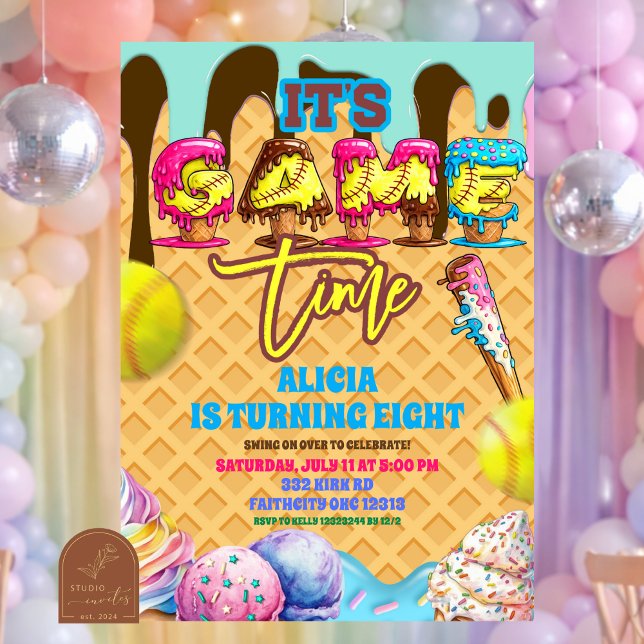 Invitation Fête d'anniversaire Softball Ice Cream Drip Game T (Créateur téléchargé)