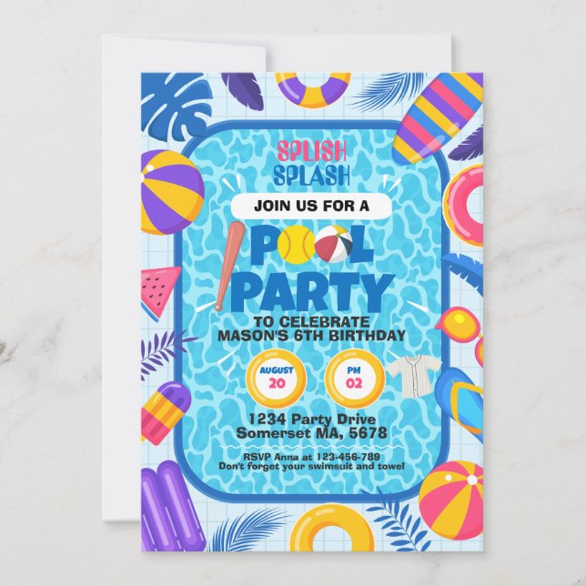 Invitation Fête d'anniversaire Softball Pool Party (Devant)