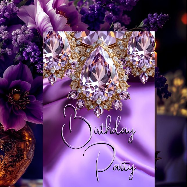 Invitation Fête d'anniversaire Soie Lilas Violet joyau Gemme (Créateur téléchargé)