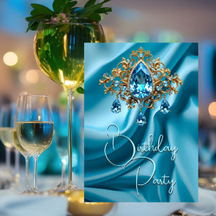 Invitation Fête d'anniversaire Soie Poudre Bleu joyau Or