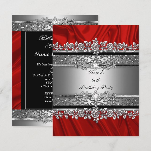 Invitation Fête d'anniversaire Soie rouge Diamant noir argent (Devant / Derrière)