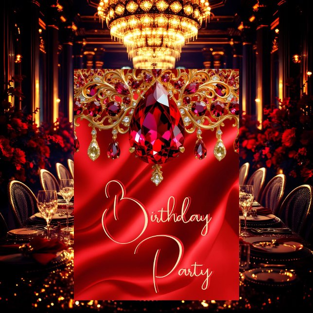 Invitation Fête d'anniversaire Soie Rubis Rouge joyau Gemme (Créateur téléchargé)