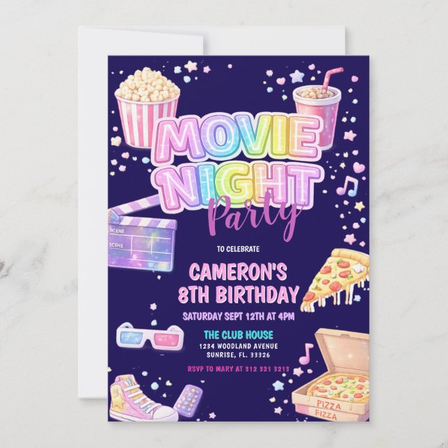 Invitation Fête d'anniversaire soirée cinéma  (Devant)
