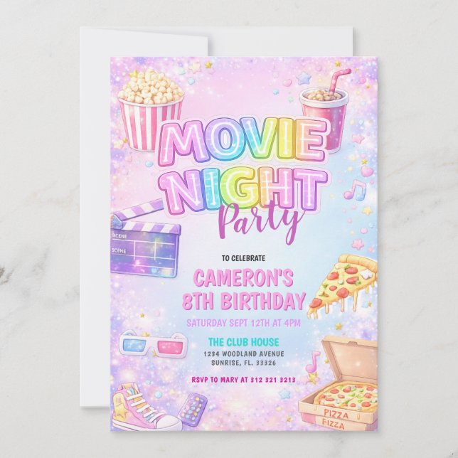 Invitation Fête d'anniversaire soirée cinéma pastel rose  (Devant)