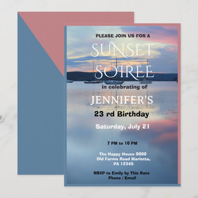 Invitation Fête d'anniversaire Soirée de coucher de soleil  (Devant / Derrière)