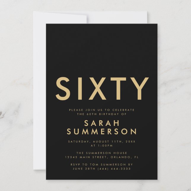 Invitation Fête d'anniversaire soixante ans Modern Black Gold (Devant)