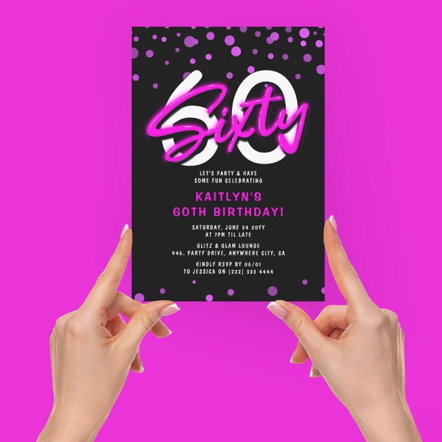 Invitation Fête d'anniversaire Soixante ans Rose Néon (Créateur téléchargé)