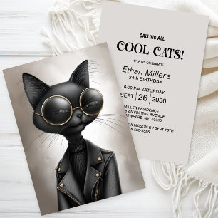 Invitation Fête d'anniversaire sophistiquée pour chat noir