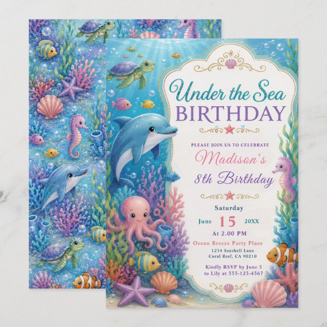 Invitation Fête d'anniversaire sous la mer (Devant / Derrière)