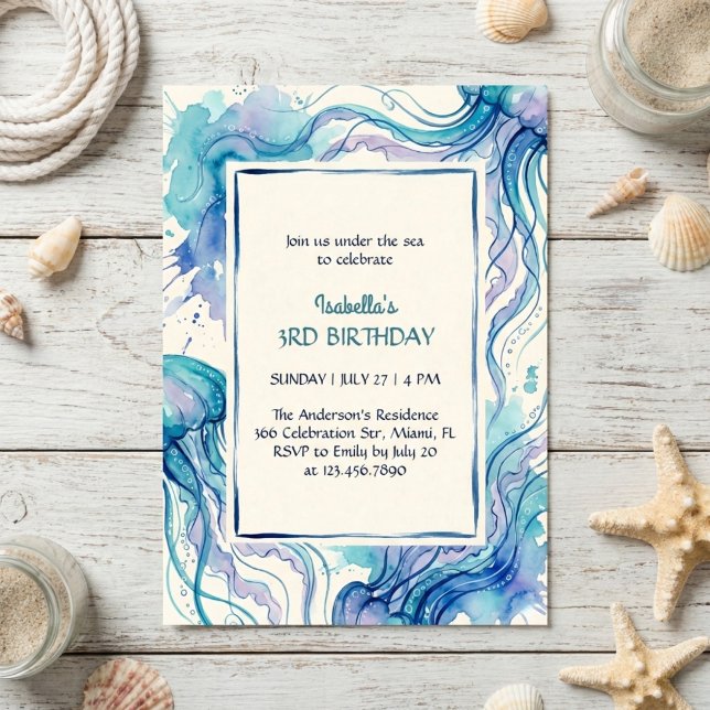 Invitation Fête d'anniversaire sous la mer avec méduses dans  (Under The Sea Birthday Party Invitation)