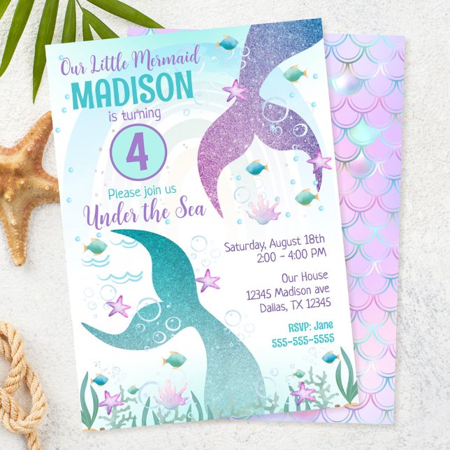Invitation Fête d'anniversaire sous la mer avec queue de sirè (Créateur téléchargé)