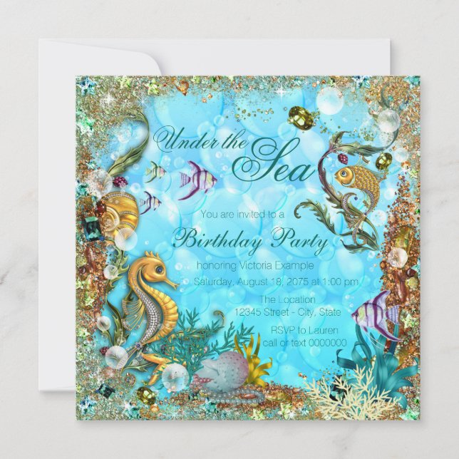 Invitation Fête d'anniversaire sous la mer bleu sarcelle (Devant)