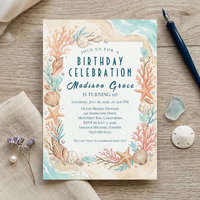 Invitation Fête d'anniversaire sous la mer Coquillages de pla (Créateur téléchargé)