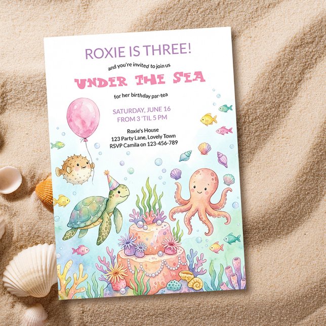 Invitation Fête d'anniversaire sous la mer Océan mignon (Cute Under the Sea kids birthday party invitation by Darling & May)