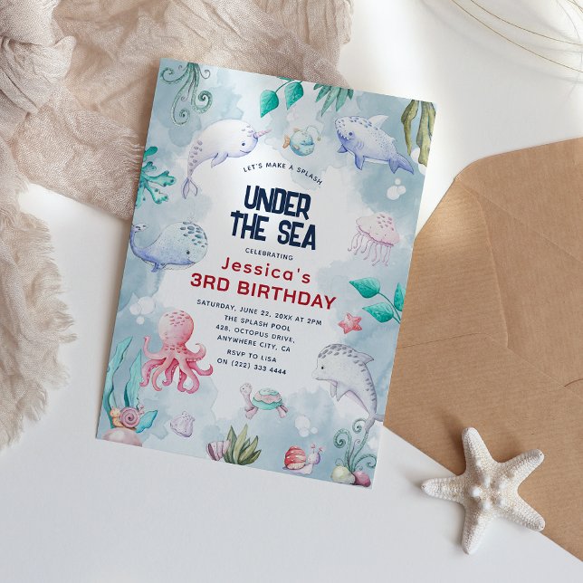 Invitation Fête d'anniversaire sous l'océan à l'aquarelle pou (Créateur téléchargé)