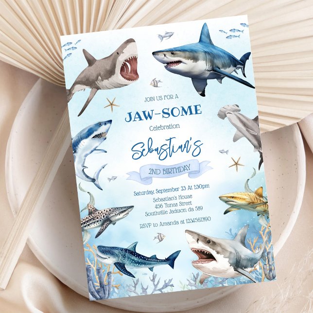 Invitation Fête d'anniversaire sous-marine avec des requins i (Créateur téléchargé)