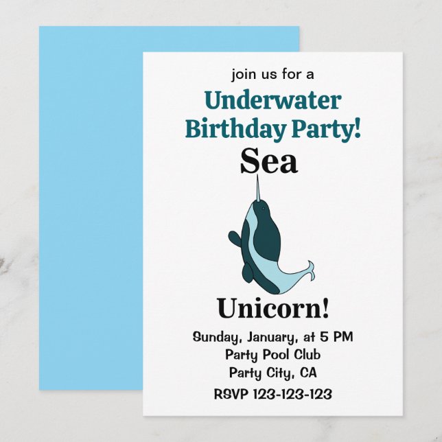 Invitation Fête d'anniversaire sous-marine Licorne de mer Nar (Devant / Derrière)